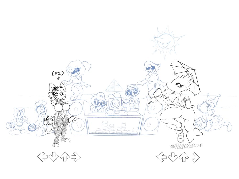 A sketch of a Friday Night Funkin' concept involving Tasque Manager and Miss Mizzle in beach attire. TM is wearing a beach bikini and sunglasses while MM is wearing a sundress and holding a parasol; both are holding microphones. Many Deltarune characters are in the background, including the three Mikes playing in the sand and a Mizzle and Tasque playing together at the side. Sweet Cap'n Cakes is behind a DJ set while Elnina and Lanino (also in beach attire) are doing the Mommy Mearest henchman dance on the speakers. Atlantis is spotted floating at the horizon while a sun with Tenna's face floats above.