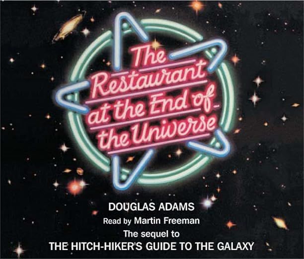 Audiobook cover for "The Restaurant at the End of the Universe" by Douglas Adams