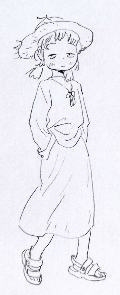 麦わら帽子をかぶった人が微風を浴びながら歩き始めている様子の絵。