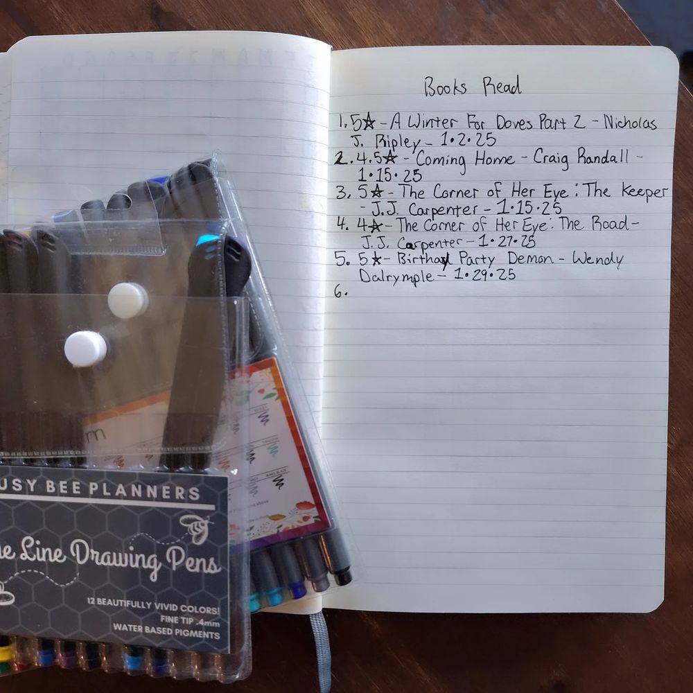 A list of books read written down in a journal: the rating, the title, the author, and when the book was read. 