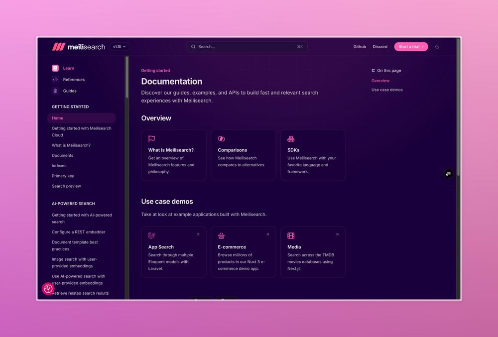 Meilisearch documentation home page