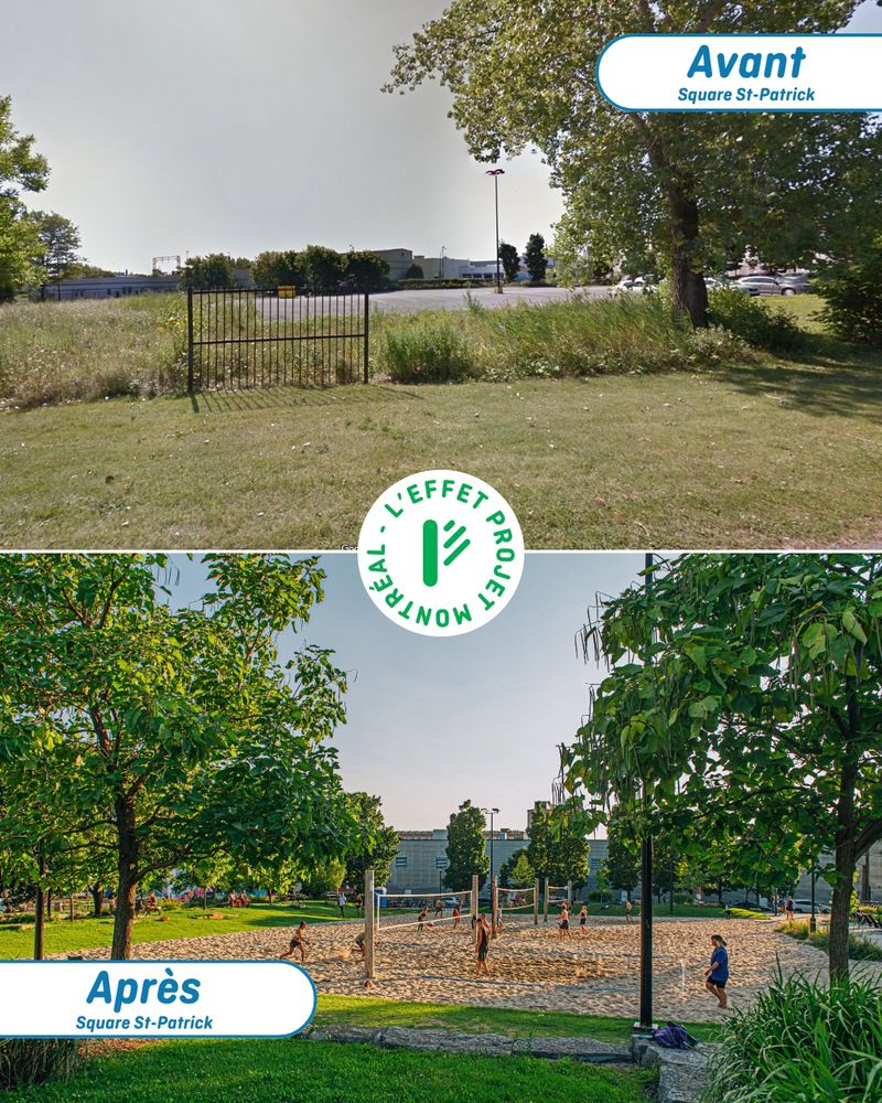 Image divisée en deux parties. En haut, une photo « Avant » du Square St-Patrick : un terrain vague avec de l’herbe sèche, une clôture en métal noire et un stationnement en arrière-plan, le tout sous un ciel voilé. En bas, une photo « Après » montrant le même lieu transformé : un parc verdoyant avec des terrains de volleyball de plage où plusieurs personnes jouent. Des arbres, de la pelouse et des bancs entourent l’espace. Au centre de l’image, le logo circulaire vert et blanc de « L’effet Projet Montréal ».