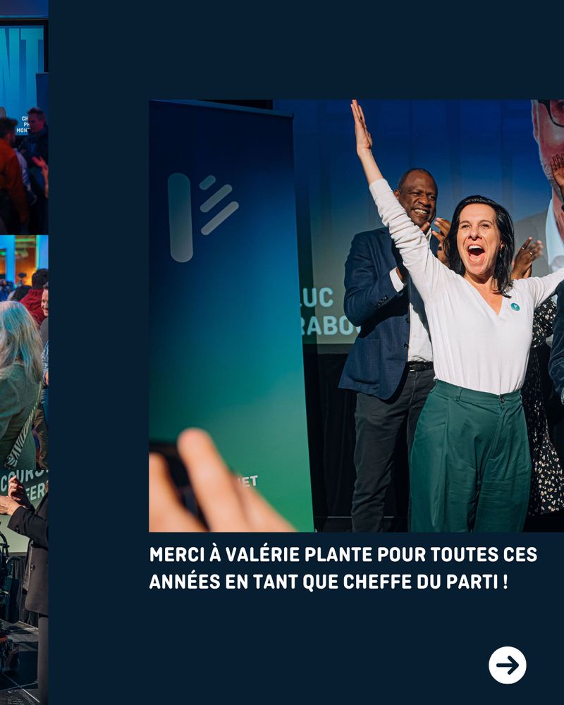 Valérie Plante, vêtue d’un haut blanc et d’un pantalon vert, lève les bras en souriant, entourée d’autres membres de Projet Montréal. En bas, un message remercie Valérie Plante pour ses années en tant que cheffe du parti.