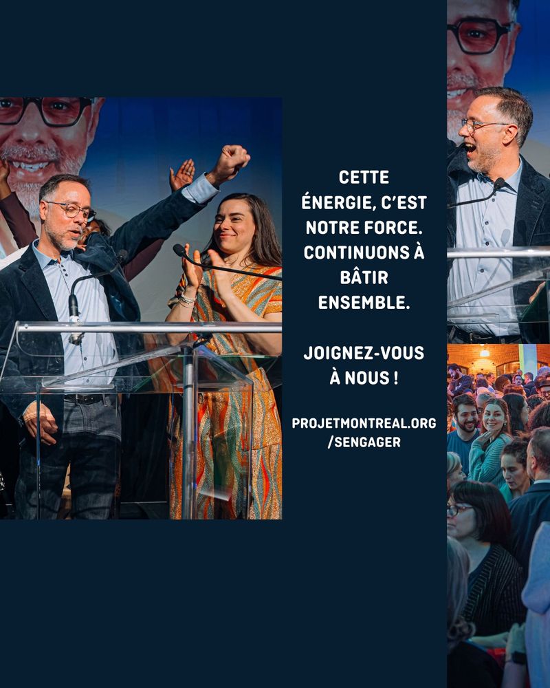 Luc Rabouin s’exprime avec enthousiasme sur scène, accompagné d’une femme en robe colorée, devant une foule de partisans. Un texte à droite invite à rejoindre Projet Montréal, avec le lien "projetmontreal.org/sengager".