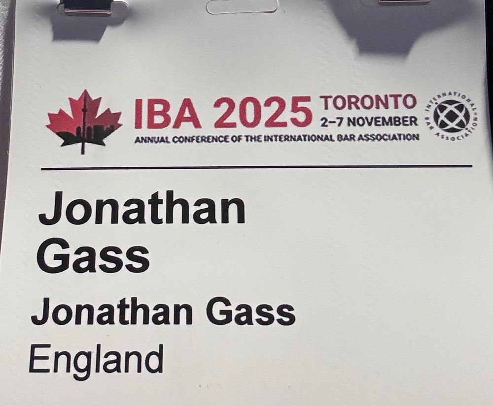 Delegate badge for IBA conference identifying me as “Jonathan Gass—England”