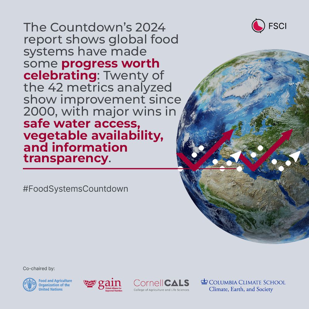 Image of Earth on right with two red checkmark arrows pointing up. Text to the left reads: "The Countdown’s 2024 report shows global food systems have made some progress worth celebrating: Twenty of the 42 metrics analyzed show improvement since 2000, with major wins in safe water access, vegetable availability, and information transparency."
