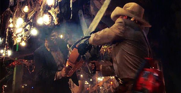 Leatherface (Bill Johnson) and Lt. Enright (Dennis Hopper) engaging in a chainsaw duel in The Texas Chainsaw Massacre 2 (1986).