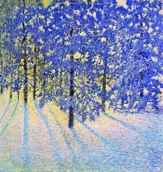 A strong painting of an abstraction of golden sunlight pouring through blue shadowed winter trees