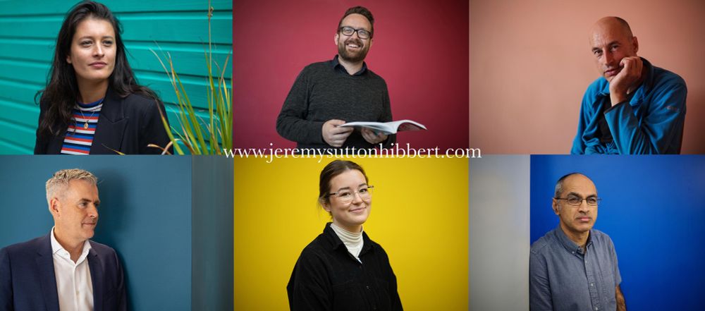 A montage of six portraits, where the men and women are photographed standing in front of colourful walls, with green, blue, yellow and pink being the prominent colours. 