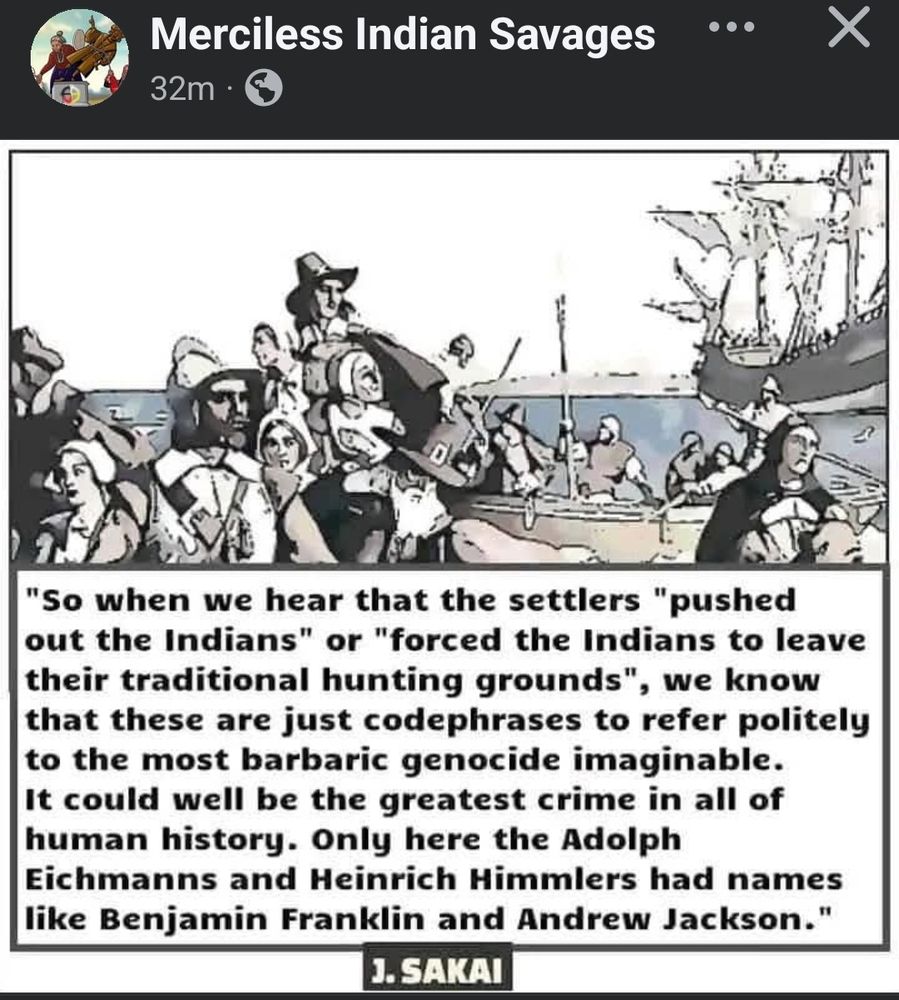 Top cartoon image of settlers with ship in background.
Below are the words in black on white background. 