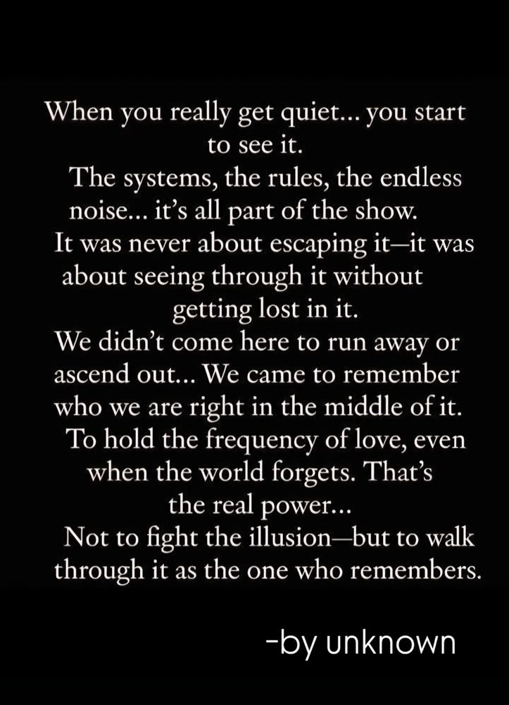 When you really get quiet... you start
to see it.
The systems, the rules, the endless noise... it's all part of the show. It was never about escaping it—it was about seeing through it without getting lost in it.
We didn't come here to run away or ascend out... We came to remember who we are right in the middle of it. To hold the frequency of love, even when the world forgets. That's the real power...
Not to fight the illusion-but to walk through it as the one who remembers.
-by unknown
