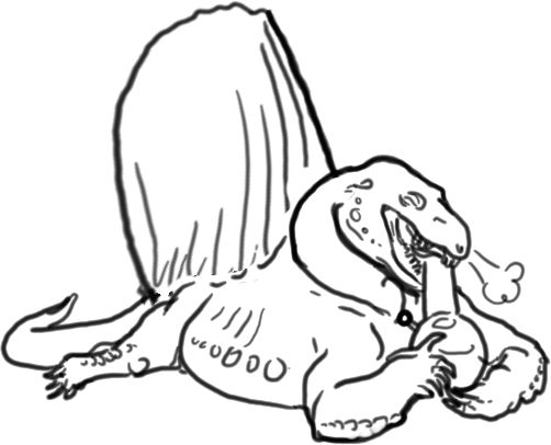line drawing of a dimetrodon splooted like a bullterrier and taking a bong rip