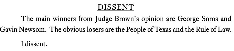 Screenshot of this paragraph from the opinion: “The main winners from Judge Brown’s opinion are George Soros and Gavin Newsom. The obvious losers are the people of Texas and the law.”