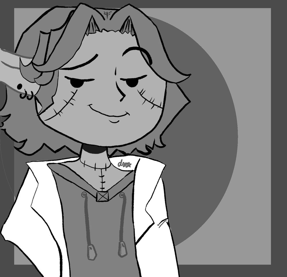 Grayscale cartoon of plaguepuppy's vr character. A humanoid gentleman with rat ears, stitches across the cheeks to the ears, neck and chest area. He wears a labcoat and teal hoodie for comfort.