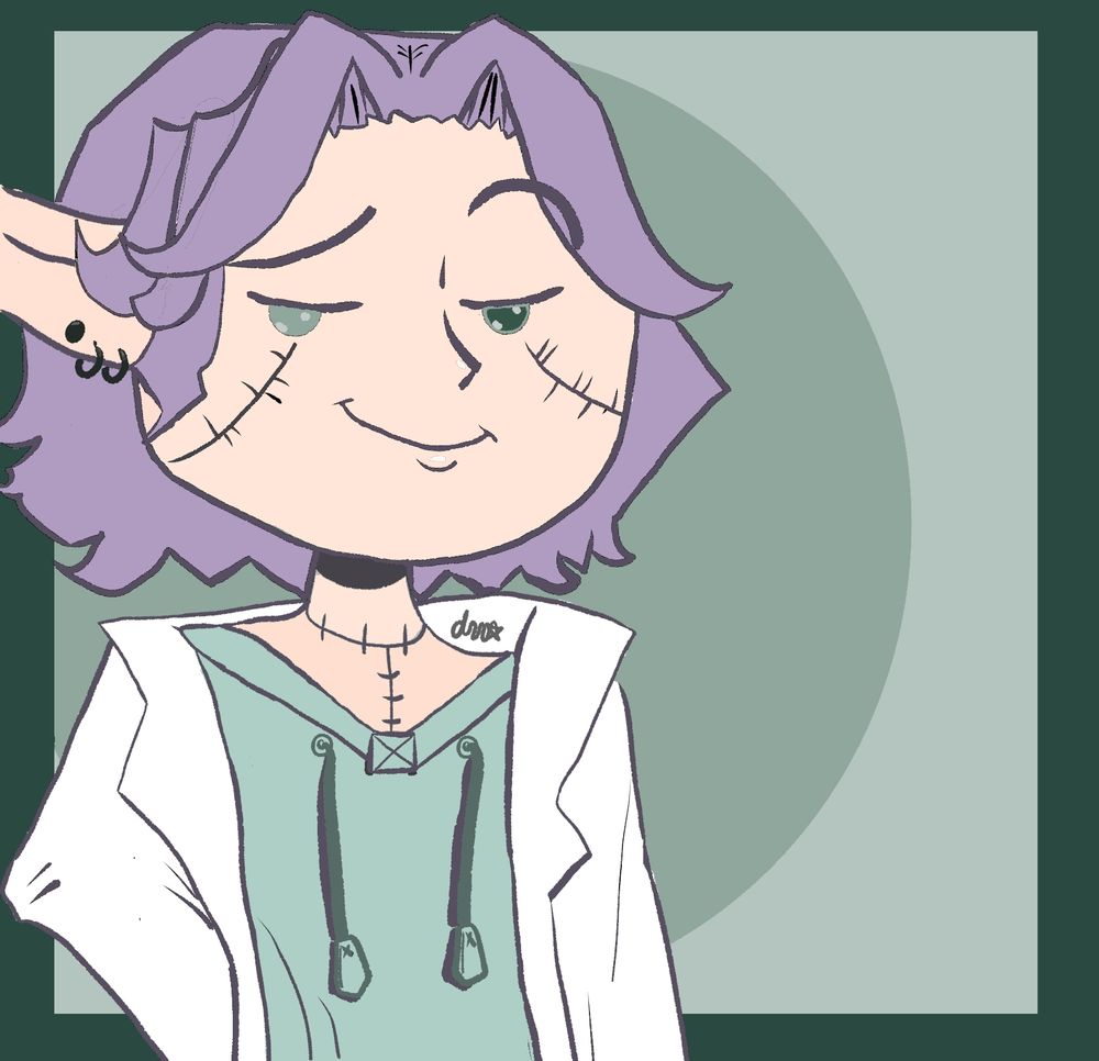 A colored cartoon of plaguepuppy's vr character. A humanoid gentleman with rat ears, stitches across the cheeks to the ears, neck and chest area. He wears a labcoat and teal hoodie for comfort.