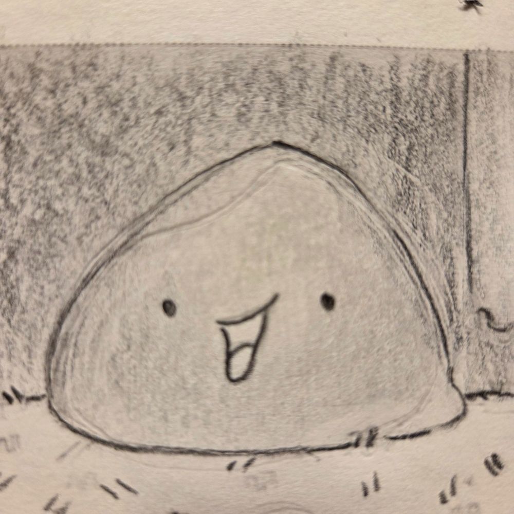 A close up of blobby, sketched in pencil and line art.