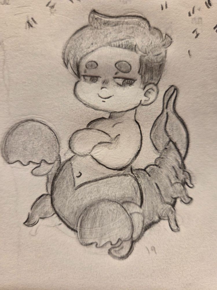 A drawing of an aquabuamelu, which is part human and part scorpion. The drawing is made of pencil and is sketched on white paper. It is all chibi style, made to look cute and friendly. More details have been added to show values in the creatures form.