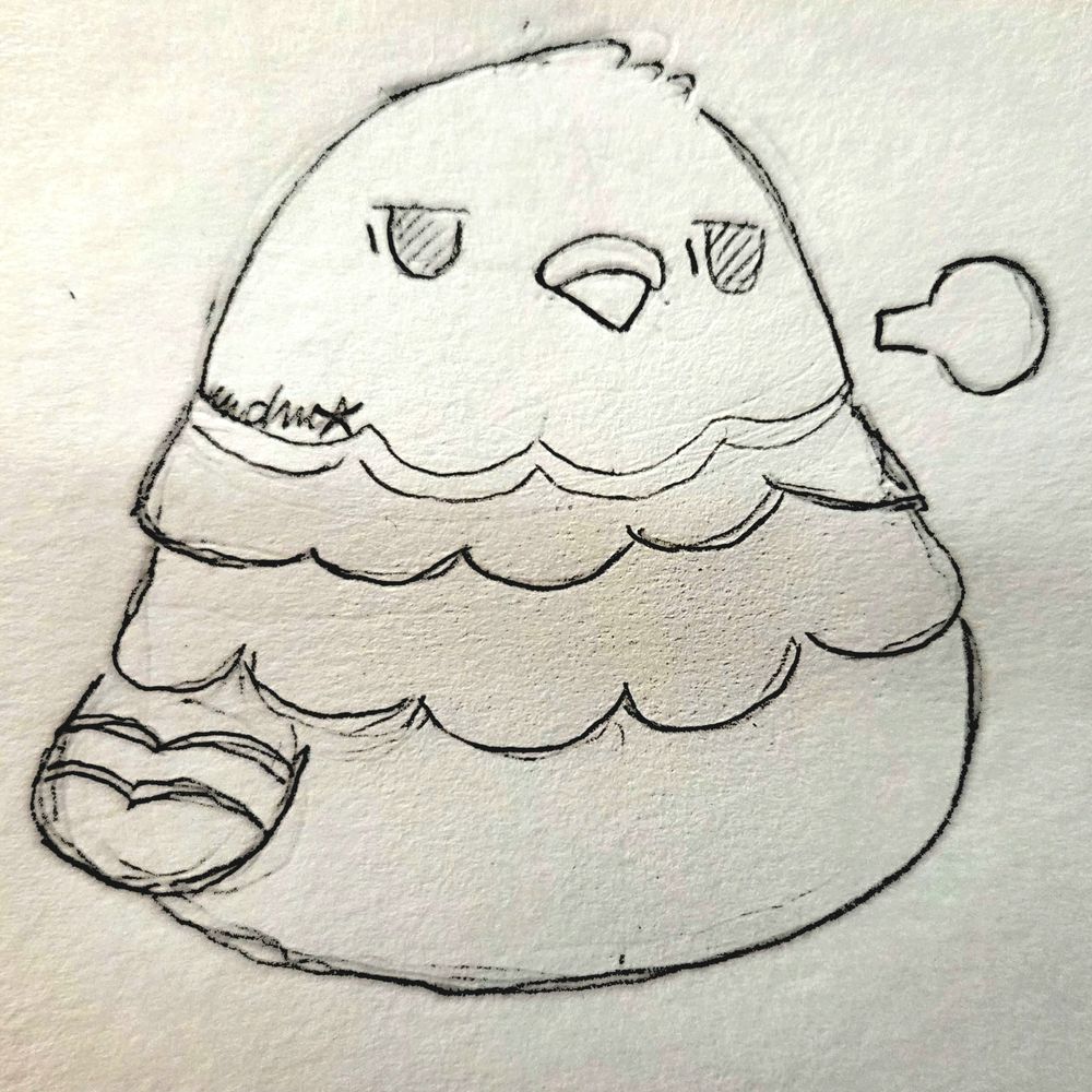 An illustration of a pigeon with tired eyes, drawn in a chibi-like style. The poor tubby bird is sighing listlessly.
