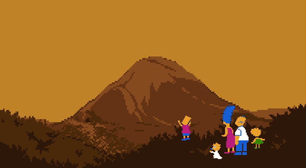 The Simpsons family standing off to the right side, and looking at Mt. Ebott from Undertale.