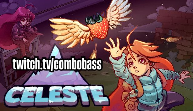 A red haired girl reaches out to grab a strawberry with wings flying thru the air. The text reads “Celeste”