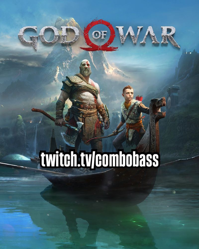 Kratos and Atreus on a small boat. Mountains can be seen in the background. The text reads “God of War”