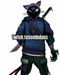 Kuro Nyanja skin from chapter 6 season 1. He’s wearing a blue striped hoodie with green joggers. H also has a mechanical left arm and two tails. 