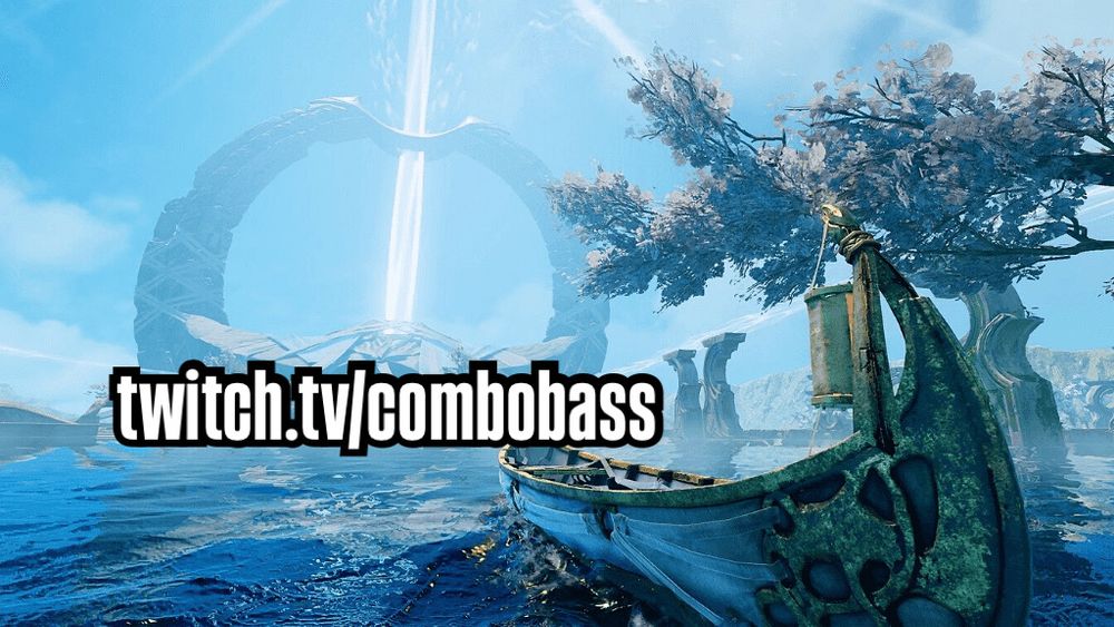 Kratos’ boat floating on a lake in front of the temple in Alfheim. A column of light can be seen bursting through the temple and in to the sky
