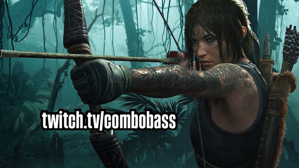 A muddy lara Croft is holding a bow with an arrow already notched, in a Peruvian jungle 