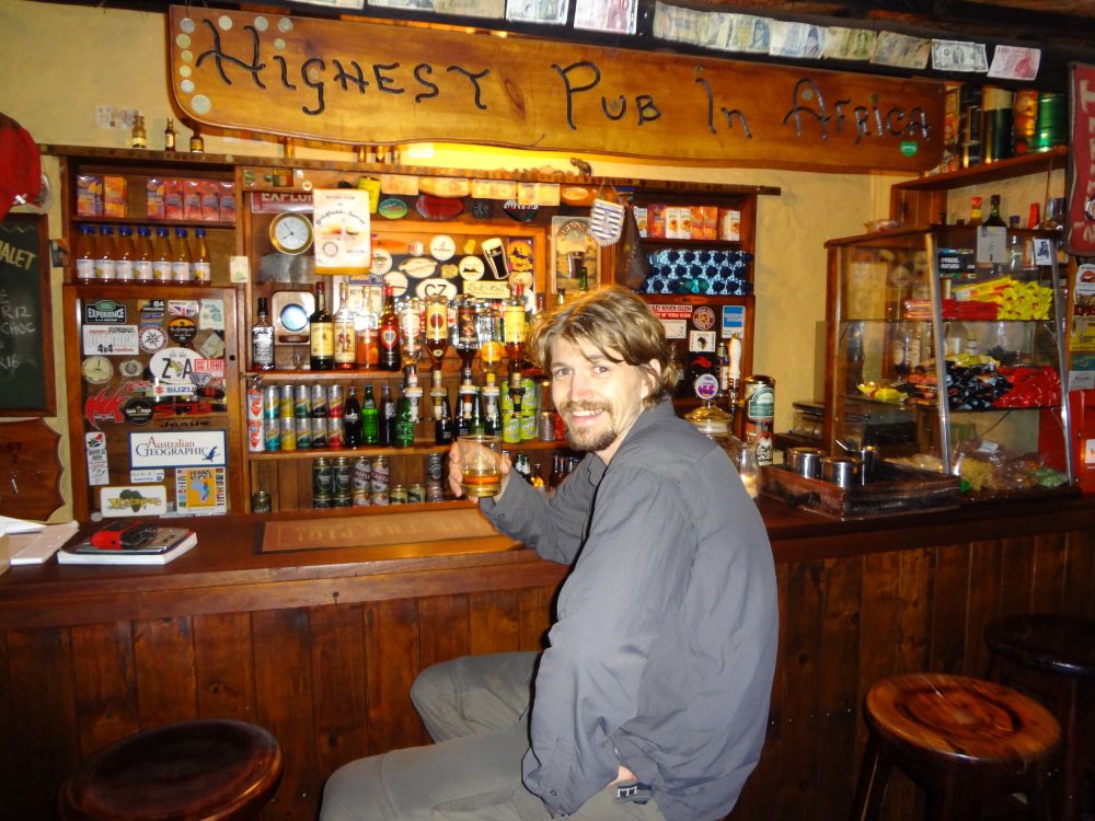 enjoying a toast at the highest elevation pub in Africa, Sani Top Lesotho