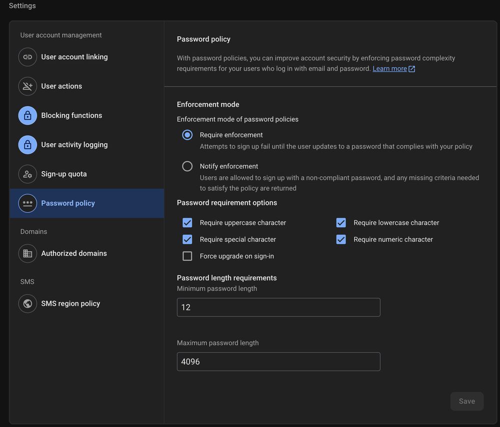 Password policy screen in Firebase