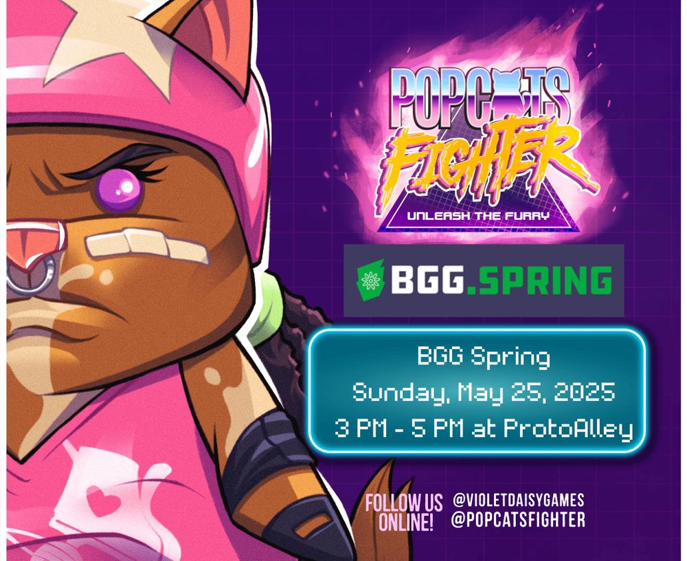 Amanda Panda will be demoing PopCats Fighter at BGG Spring on Sunday May 25 from 3-5 pm at ProtoAlley.
