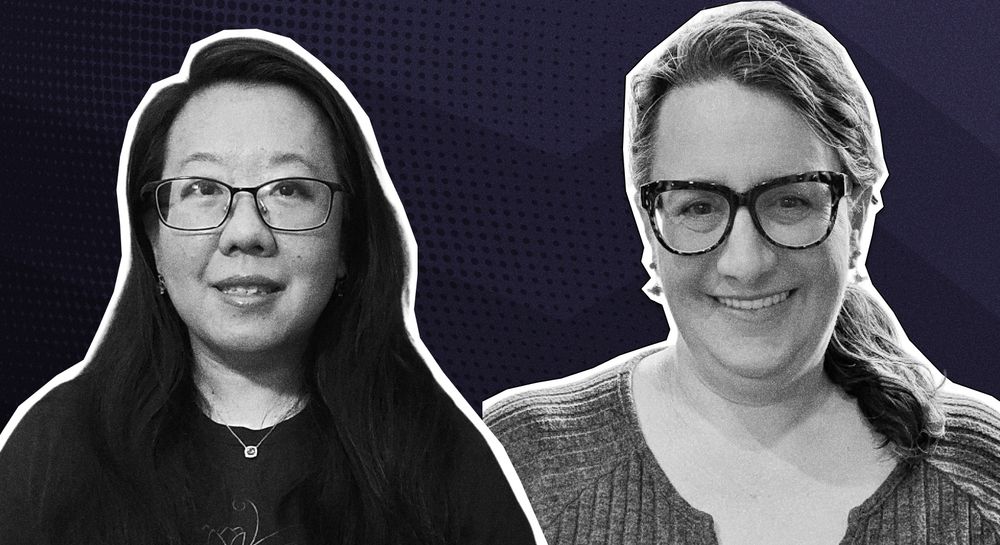 A picture of the head and shoulders of Amanda Panda and AnnaMaria in grey scale with a white outline against a purple background