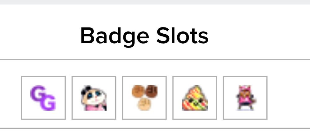 Board Game Geek badge slots. This is Amanda's: Girly Gamer, Takenoko fan, BLM, rainbow poop, Clawdette