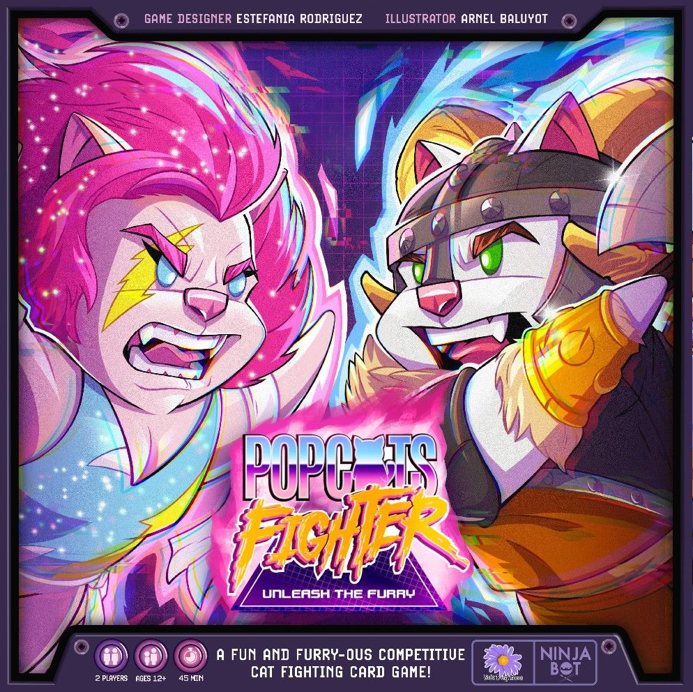 Box Cover art for the game PopCats Fighter. 2 cats in battle mode about to fight each other. On the left, Pink hair, lighting bold across 1 eye, in a light blue leotard, and everything sparkily! The other cat is in a Viking helmet, with blond hair, a ax, and gold bracelet. The middle is the words 'PopCats Fighter: Unleash the Furry". At the top text: Game Designer: Estefania Rodriguez and Illustrator: Arnel Baluyot. At the bottom it says 2 players, ages 12+, 45 min, A fun and Furry-ous Competitive Cat Fighting Card Game!, and Violet Daisy Games & NinjaBot's logos.