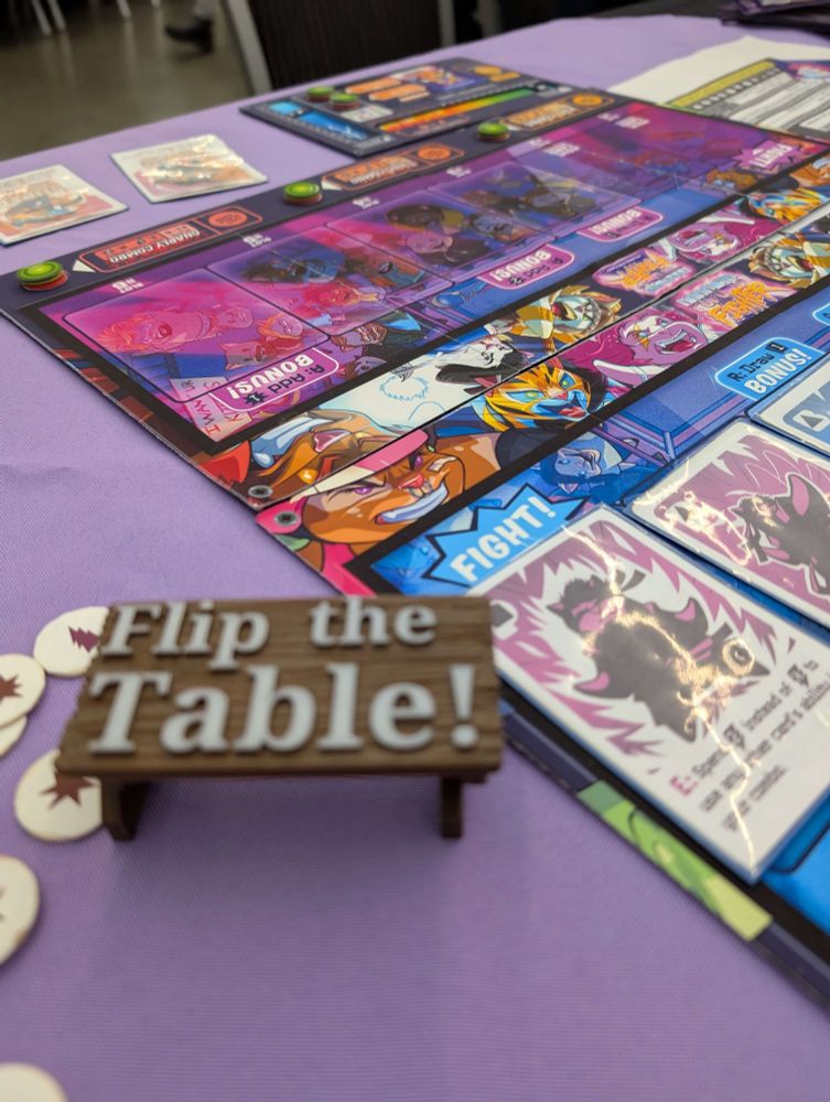 3D mini table with "Flip the Table!" on it's top next to PopCats Fighter.