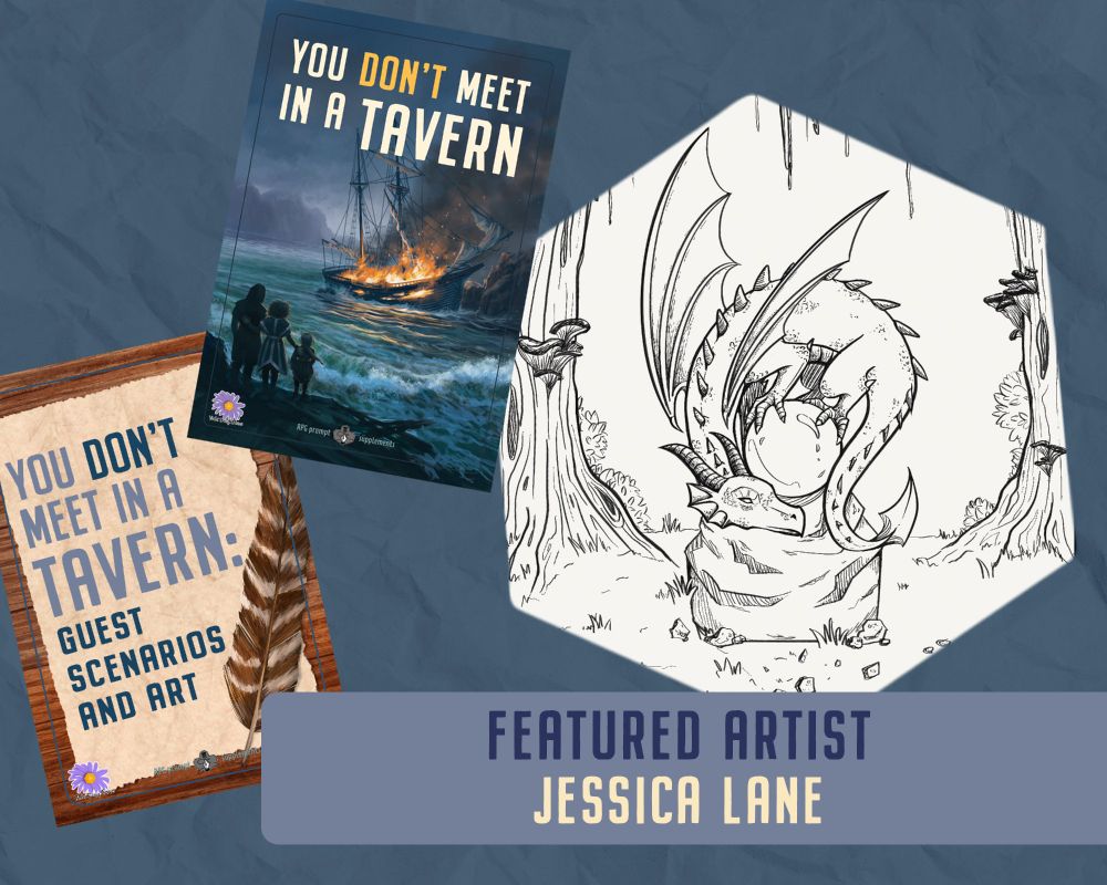 You Don't Meet in a Tavern featured artist, Jessica Lane. Line drawing of a dragon curlled up on a orb on top of a stone in a forest.