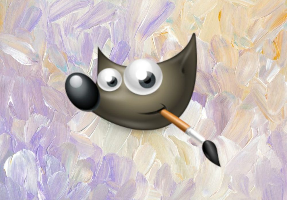 Logo Gimp, a gimp with a brush on the mouth on a background made of white, violet and orange brush strokes