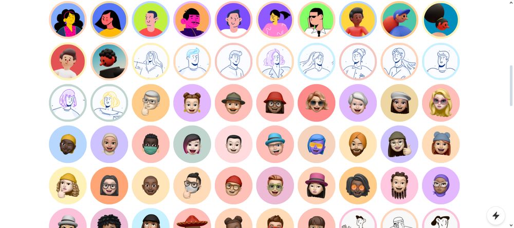 Screenshot of the Avatars website with illustrated avatars in full color, lined or 3D on circles of different colors, arranged in a grid of 10 columns and 6 rows