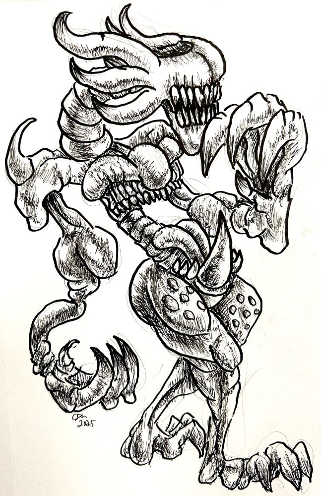 A black and white pen and pencil drawing of a biped monster with limbs that are thick and muscular in some parts, while thin and spindly in others. It has no eyes, and its torso and pelvis almost look like jaws with a large tooth in the center of its pelvis.