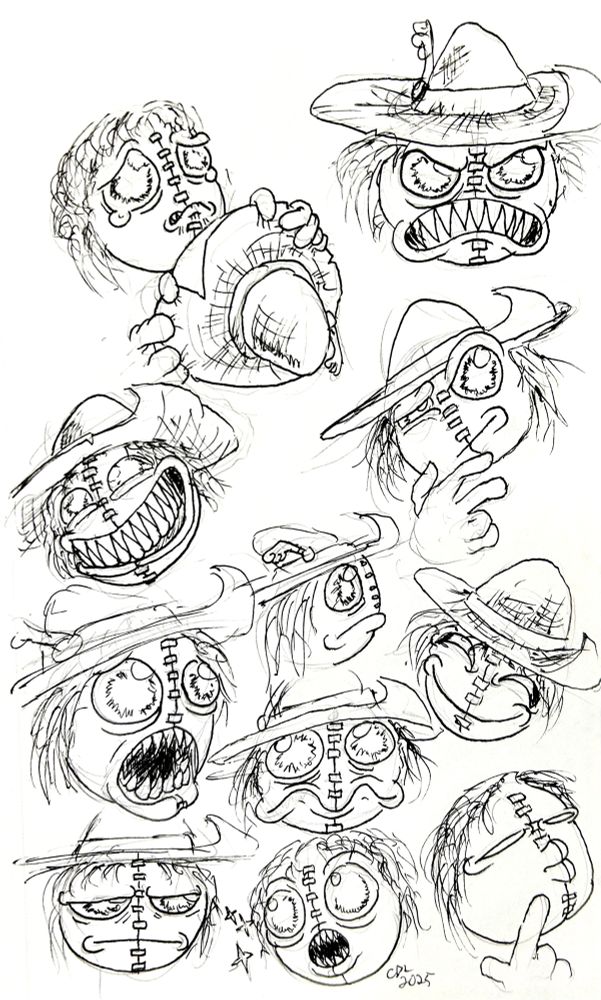 A selection of faces of a character with a stitched face, messy hair and a hat. From top to bottom, left to right, the faces include:

-sad and crying
-scowling and angry
-grinning
-raising eyebrow
-shocked
-neutral, looking right
-Deviously smiling
-Squiggly, Kermit-like mouth
-annoyed
-amazed
-squinting and pursing lips