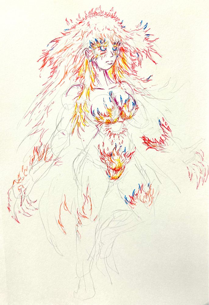 A rough pencil sketch with colored pens being applied. A woman floats in the center of the page, her hair, hands, feet, chest and lap covered in fire