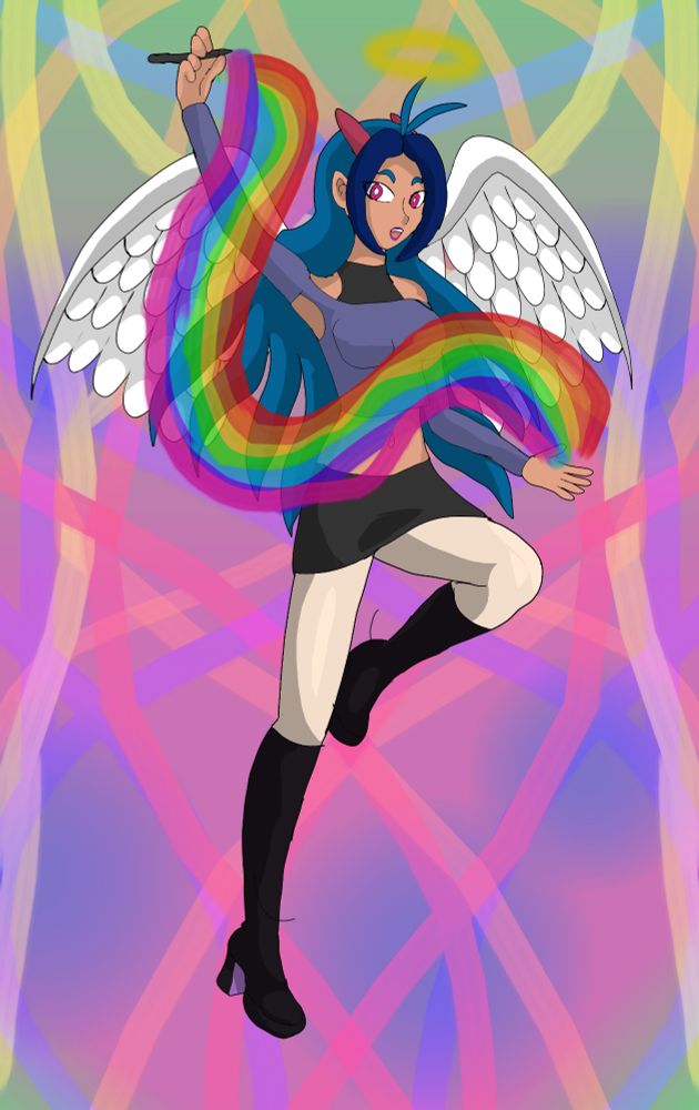A young tall tanned elf lady with blue hair and darker blue and Magenta bangs, magenta eyes, purple lipstick, wears a shoulder less top that exposes her midriff, black leather skirt, beige leggings and black high heels knee height boots. With angel wings and a halo, creating a rainbow palette with her pen, on an abstract background. 