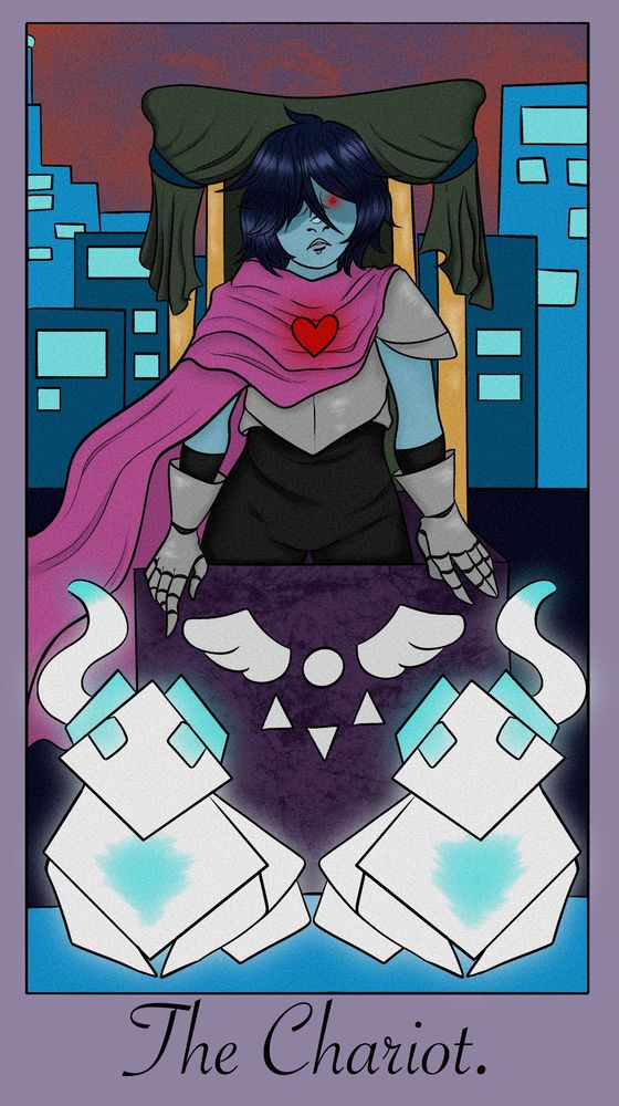 Kris from deltarune as the chariot tarot card in the cyber city setting and two tasques, which are cat like cyber creatures, in front of them 