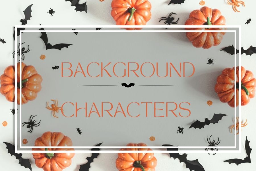Background Character placeholder card. A white background with orange pumpkins and black bats along border. White decorative lines in a box with orange writing depicting character type with a line bat divider 