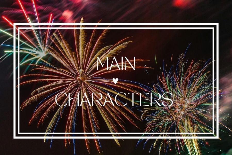 Main Character placeholder card with a multicolored fireworks background (red, yellow, green, blue, pink) in a night sky. Decorative white box with the Character type written in middle