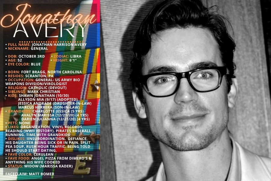 • FULL NAME: Jonathan Harrison Avery
• NICKNAME: General

• DOB: October 3rd      
• ZODIAC: Libra
• AGE: 52                           
• HEIGHT: 6'1"
• EYE COLOR: Blue

• BORN: Fort Bragg, North Carolina
• RESIDES: Scranton, PA
• OCCUPATION: General- US Army Bio Weapons DiVision/Virologist
• RELIGION: Catholic (Devout)
• SIBLINGS: Mark Christian
• KIDS: Shawn Jonathan (10/30)
            Allyson Mia (9/17) (Adopted)
            Jessica Andrade (Daughter-in-law)
            Marcus Herrera (Son-IN-LAW)
• GRANDKIDS: Charlotte Jessica (5 YRS)
               Avalyn Marissa (12/21/20) (4 YRS)
               Darien Julianna (12/21/20) (4 YRS)
• PETS: None
• LIKES: Organization. Vinyl records. reading (WWII history). Pirates baseball. Running. time with grandkids
• DISLIKES: Iinsubordination.  Defiance. His daughter being sick or in pain. Split pea soup. Rush hour traffic. Being told he should start dating.
• FAVE COLOR: Cerulean 
• FAVE FOOD: Angel pizza from DiMero's & Anything his wife cooked
• STATUS: Widow (Marissa Kader)

FACECLAIM: Matt Bomer