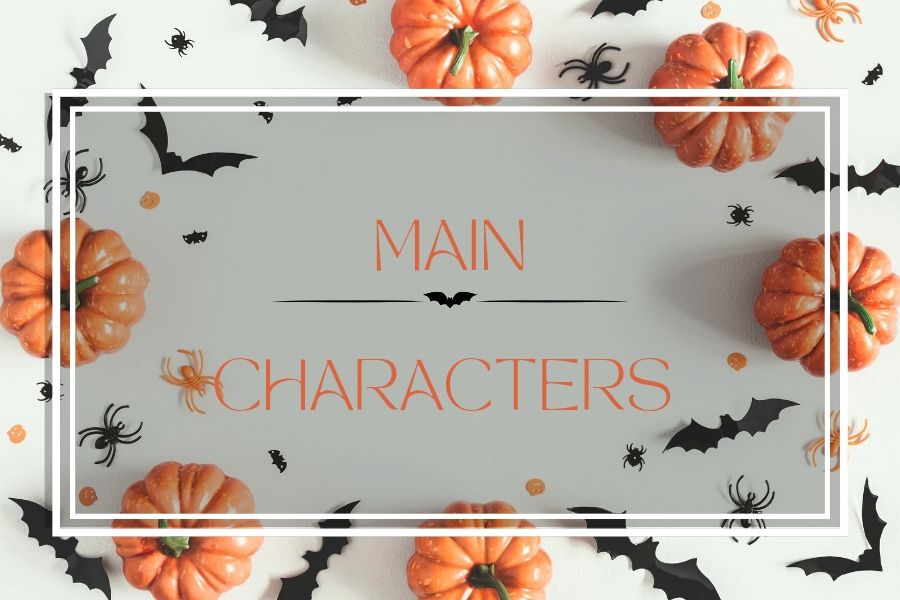 Main Character placeholder card. A white background with orange pumpkins and black bats along border. White decorative lines in a box with orange writing depicting character type with a line bat divider 