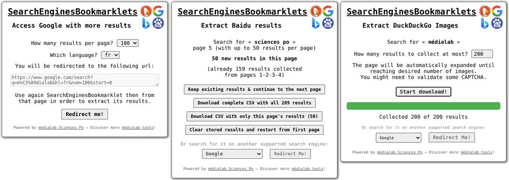 Un aperçu des menus interactifs que l'outil ajoute dans les pages de moteurs de recherche pour permettre d'en télécharger les données.