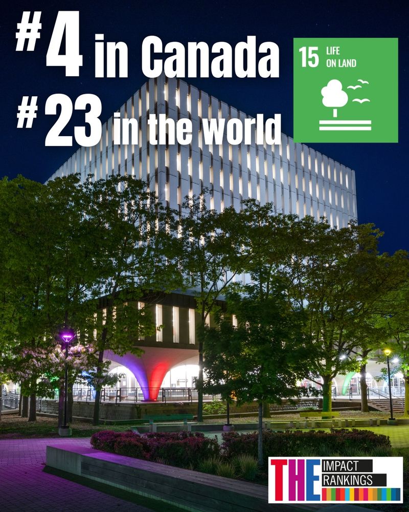 The Dana Porter Library pictured with text saying #4 in Canada and #23 in the world for Life on Land
