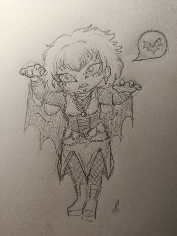 Sketch of a goth girl in a cartoony / chibi style. A speech bubble next to her with the image of a bat since goths like to refer to themselves as bats.